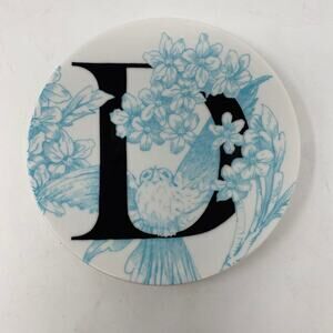 Anthropologie Grace “D” monogram trinket dish blue black flowers bird